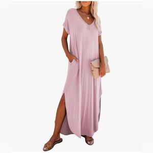 Pink Maxi Sundress with Slit and Dolman Sleeves M Medium